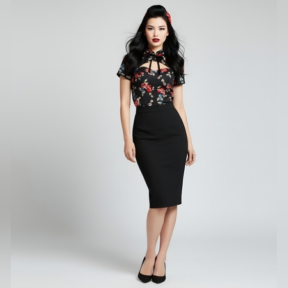 Hell Bunny PinUp Black and Red Floral Top L - Picture 2 of 9